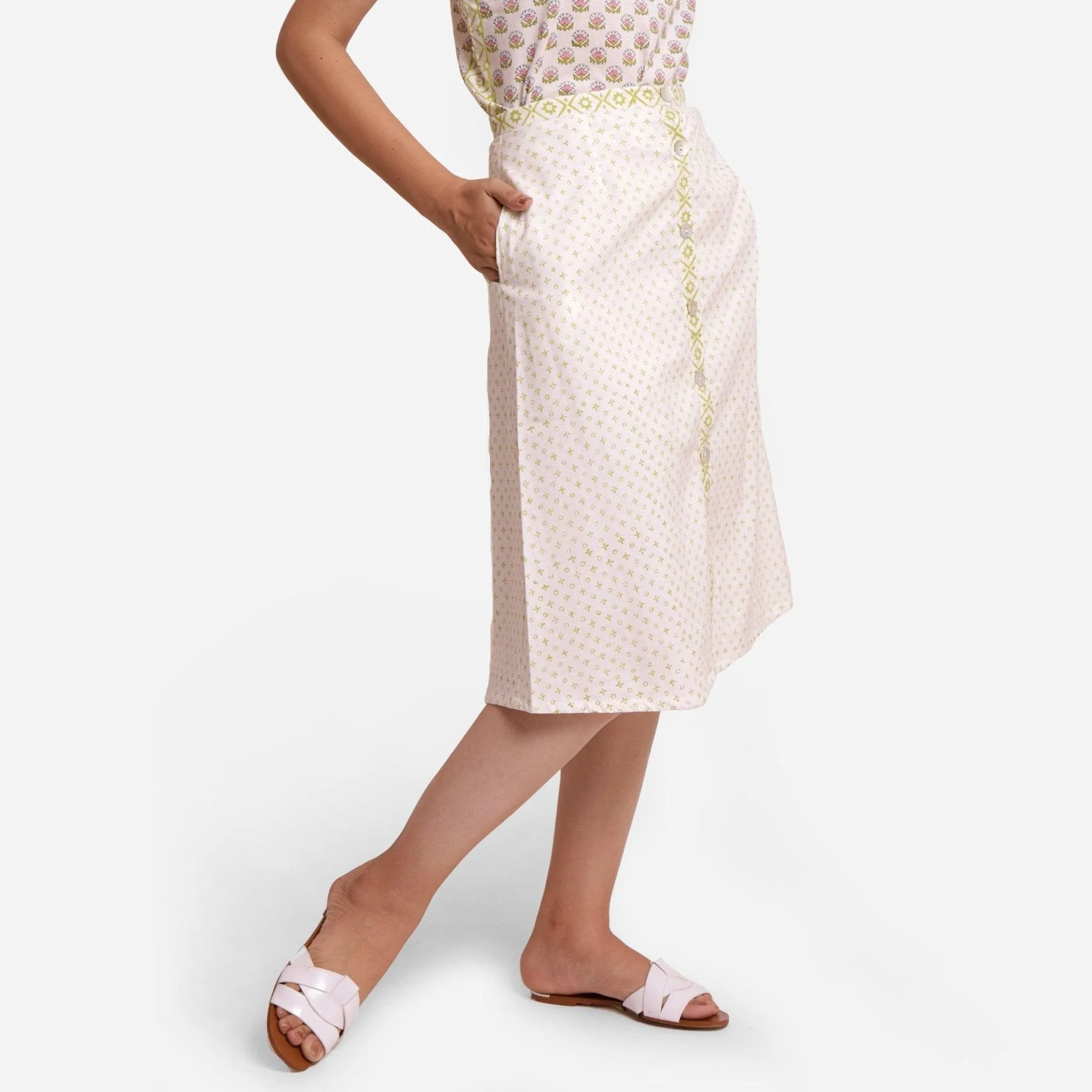 White Block Print Lace Cotton Knee Length Skirt