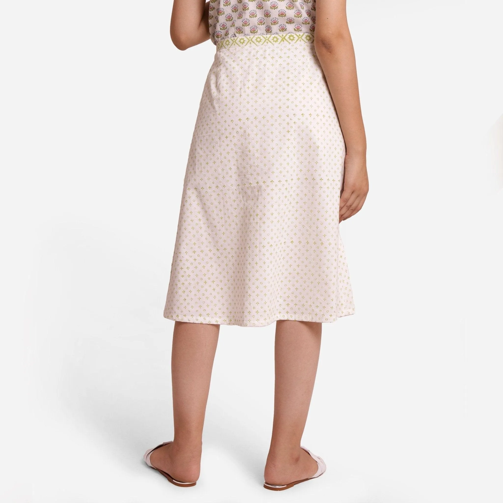 White Block Print Lace Cotton Knee Length Skirt