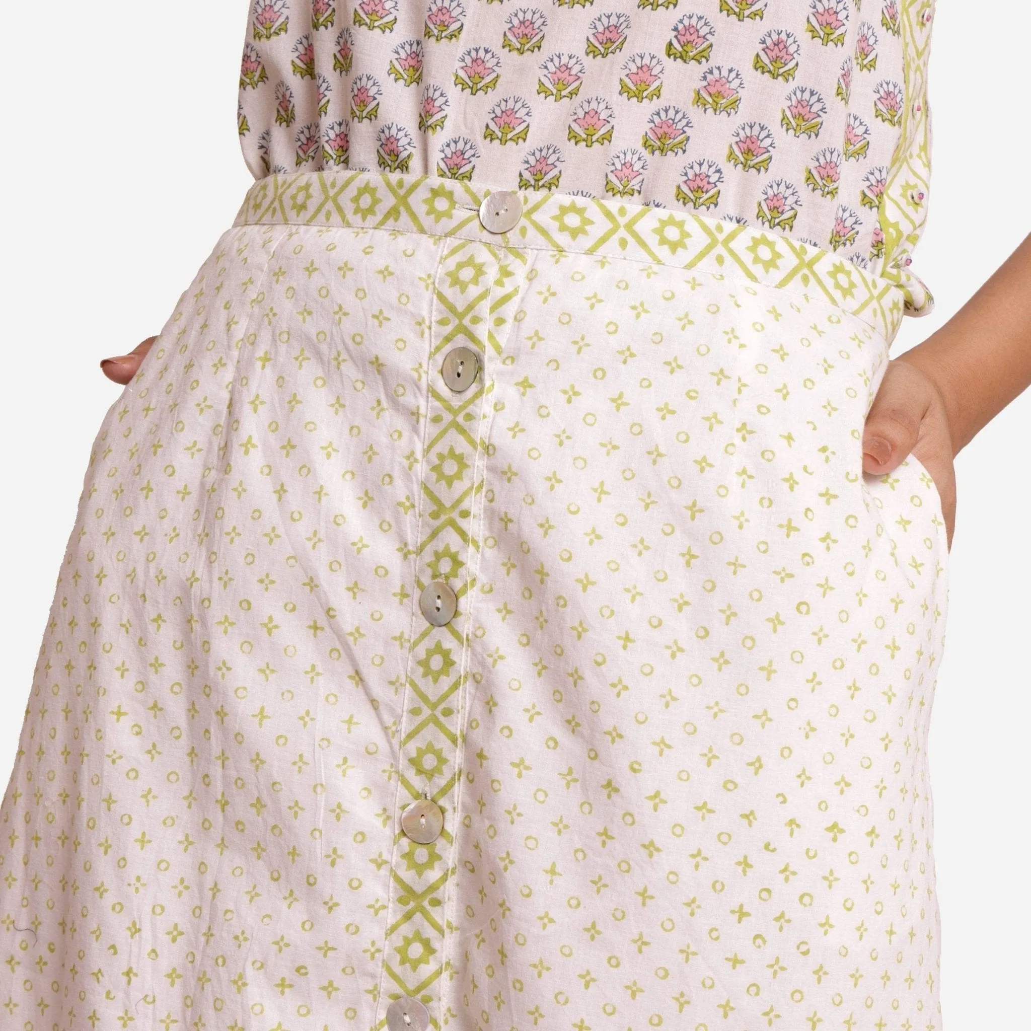 White Block Print Lace Cotton Knee Length Skirt