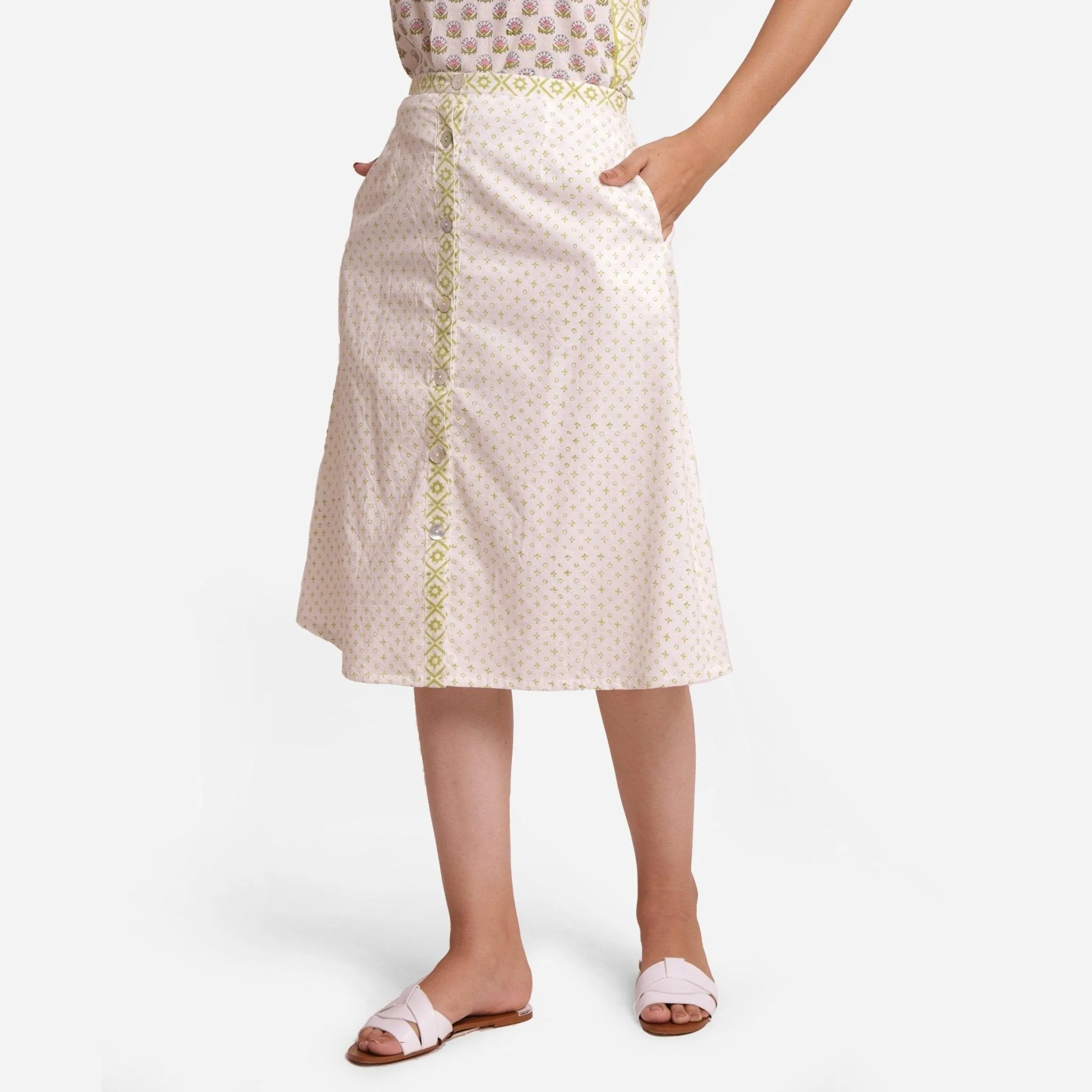 White Block Print Lace Cotton Knee Length Skirt