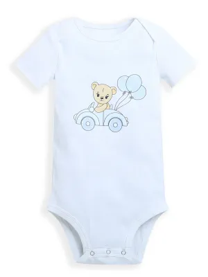 White Cute Teddy & Car Print Half Sleeve Baby Girl/Boy Romper