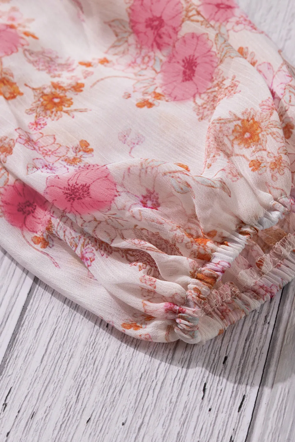 White Floral Print V Neck Long Puff Sleeve Top