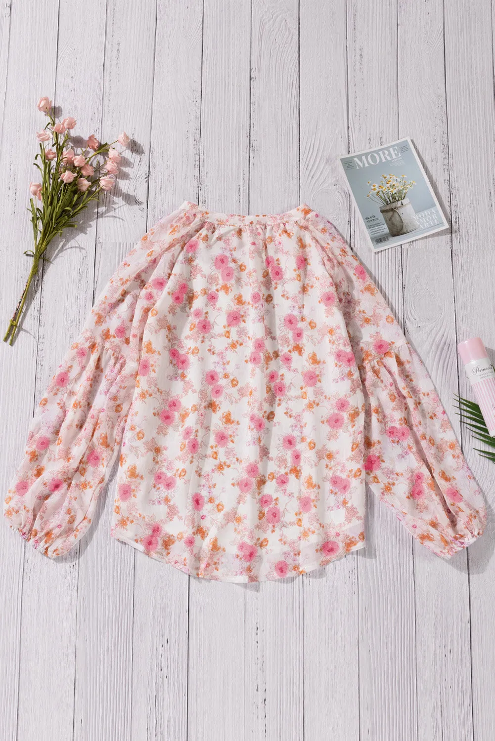 White Floral Print V Neck Long Puff Sleeve Top