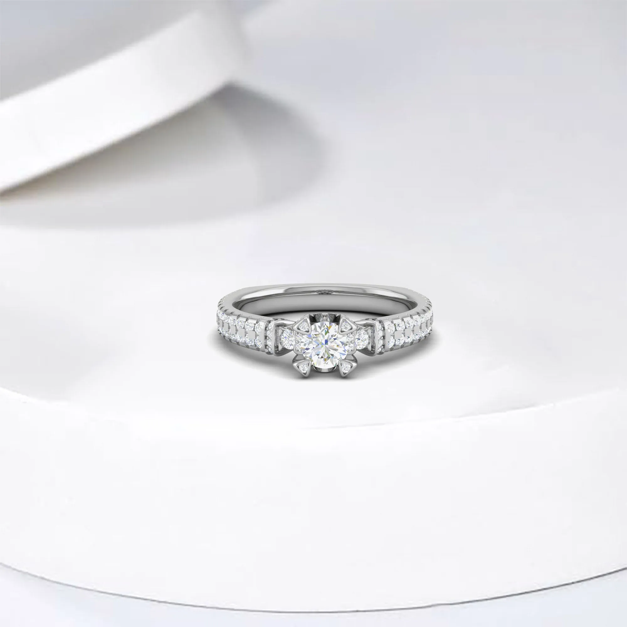 White Gold Adjustable Silver Sparkling Pave Set Floral Ring For Woman