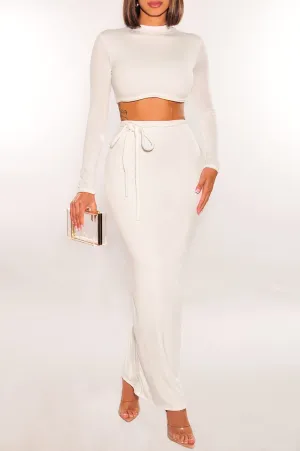 White Long Sleeve Mock Neck Braided Belt Vent Slit Skirt Two Piece Set