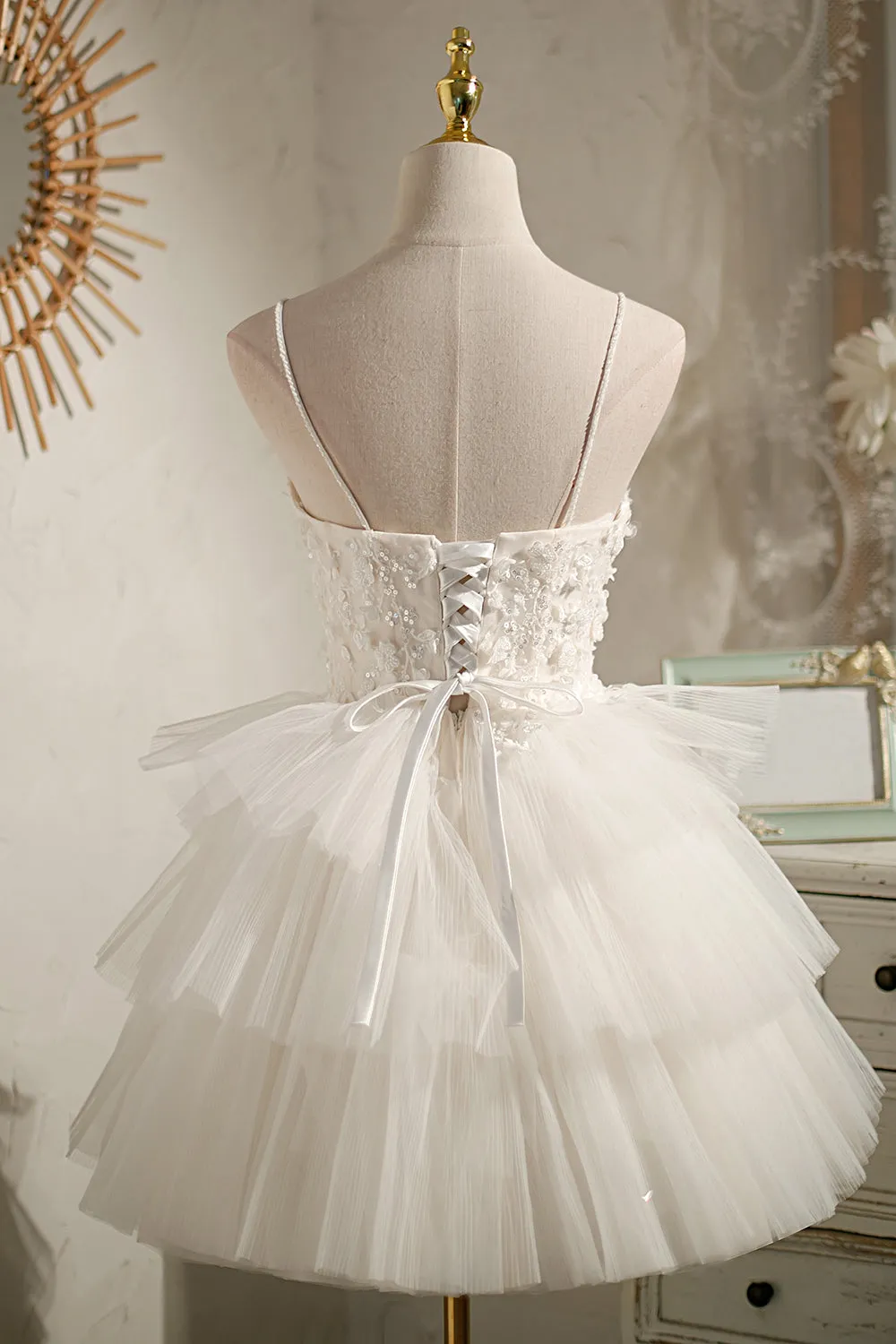 White Party Dress With Appliques Floral Dress Mini Homecoming Dress