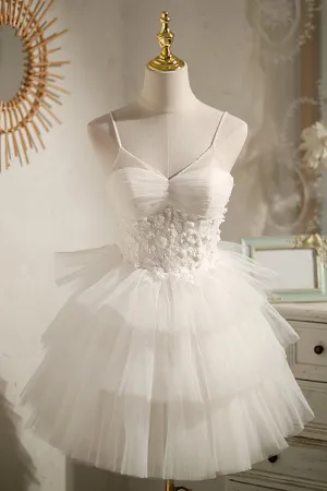 White Party Dress With Appliques Floral Dress Mini Homecoming Dress