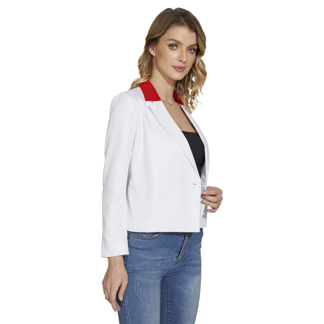 White Red Women's Long Sleeve Revers Collar Cropped Jacket