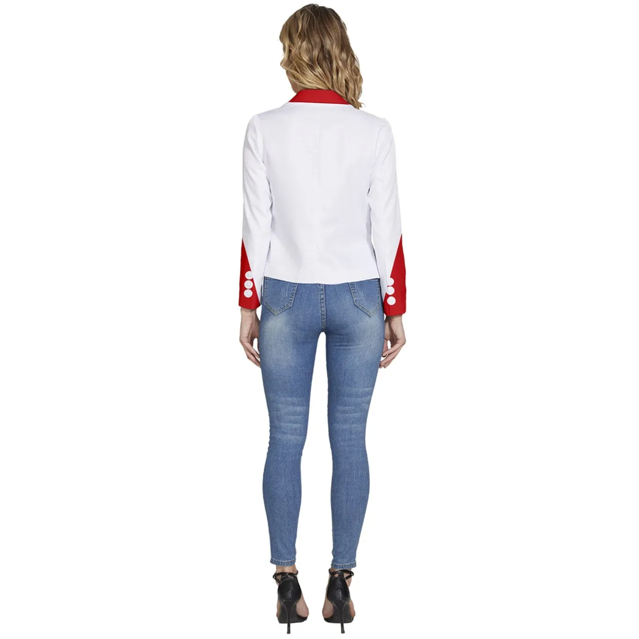 White Red Women's Long Sleeve Revers Collar Cropped Jacket