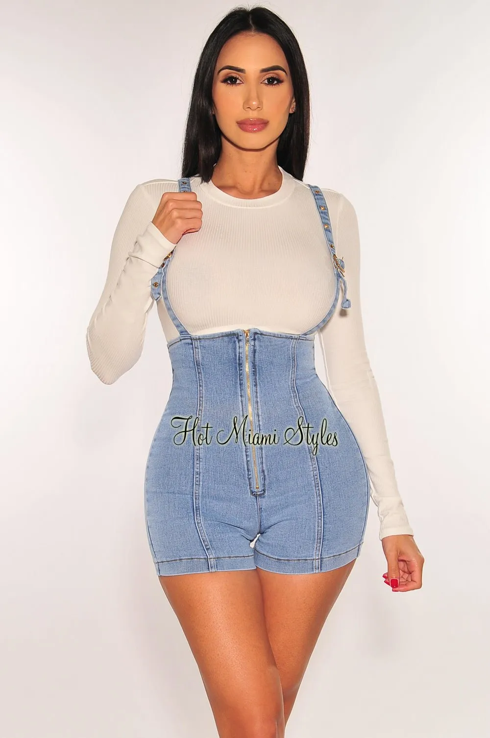 White Ribbed Long Sleeve Light Denim Overall Shorts   Top Two Piece Set
