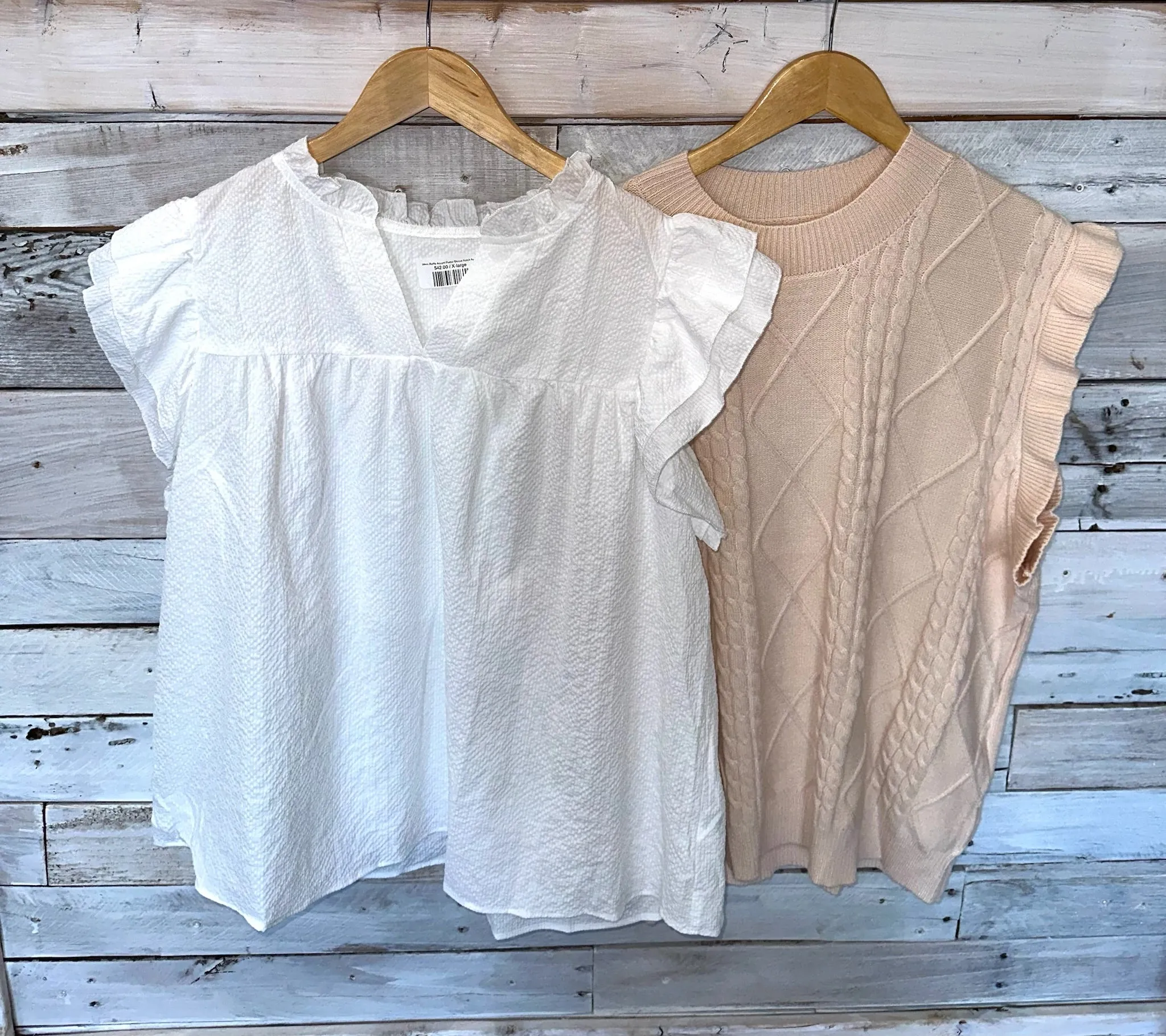 White Ruffle Accent Flutter Sleeve Notch Neck Top