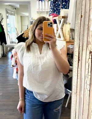 White Ruffle Accent Flutter Sleeve Notch Neck Top