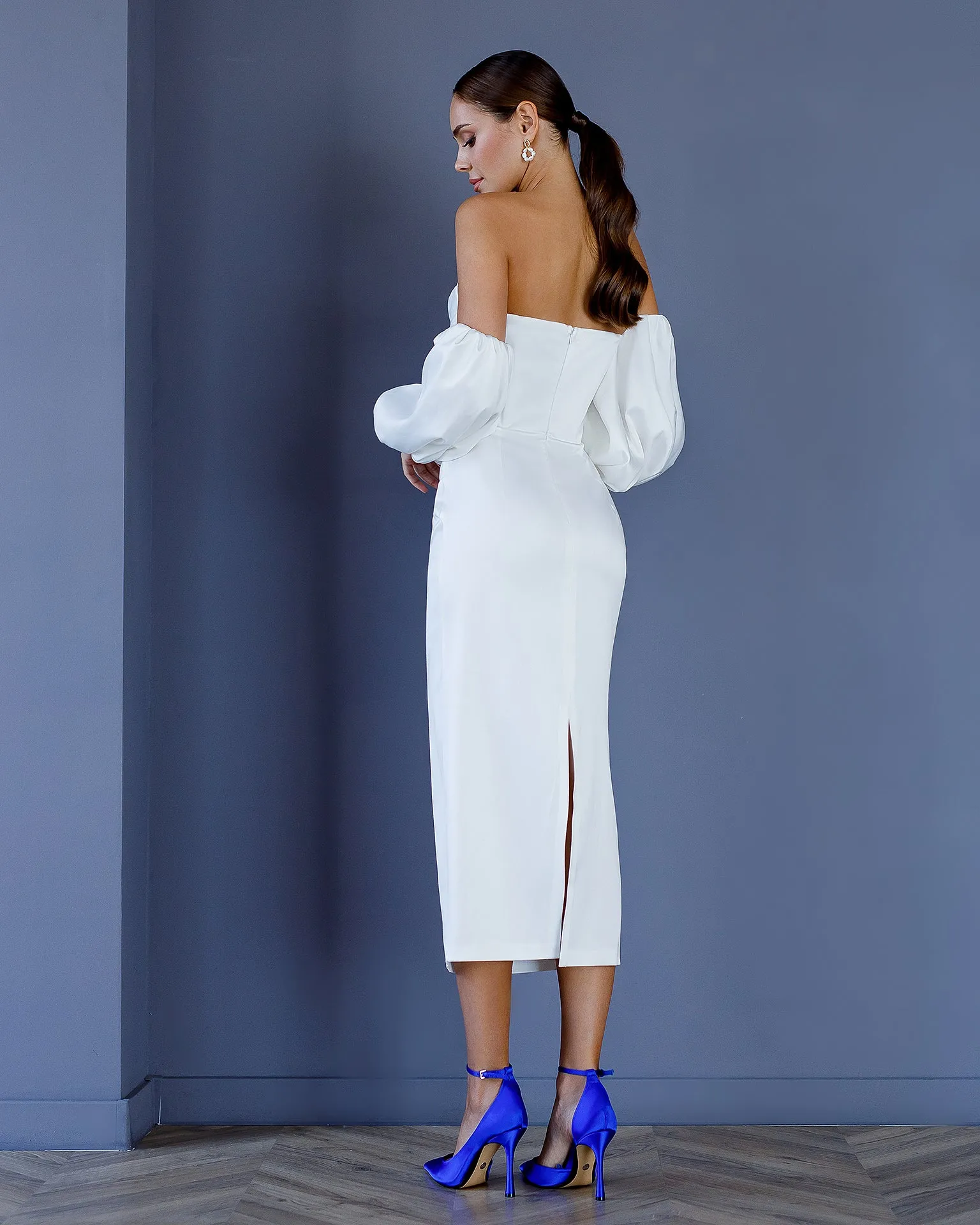 White Satin Sweetheart Puff-Sleeve Midi Dress