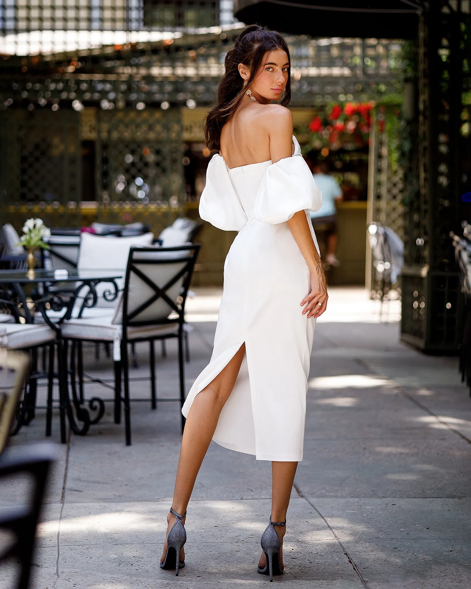 White Satin Sweetheart Puff-Sleeve Midi Dress