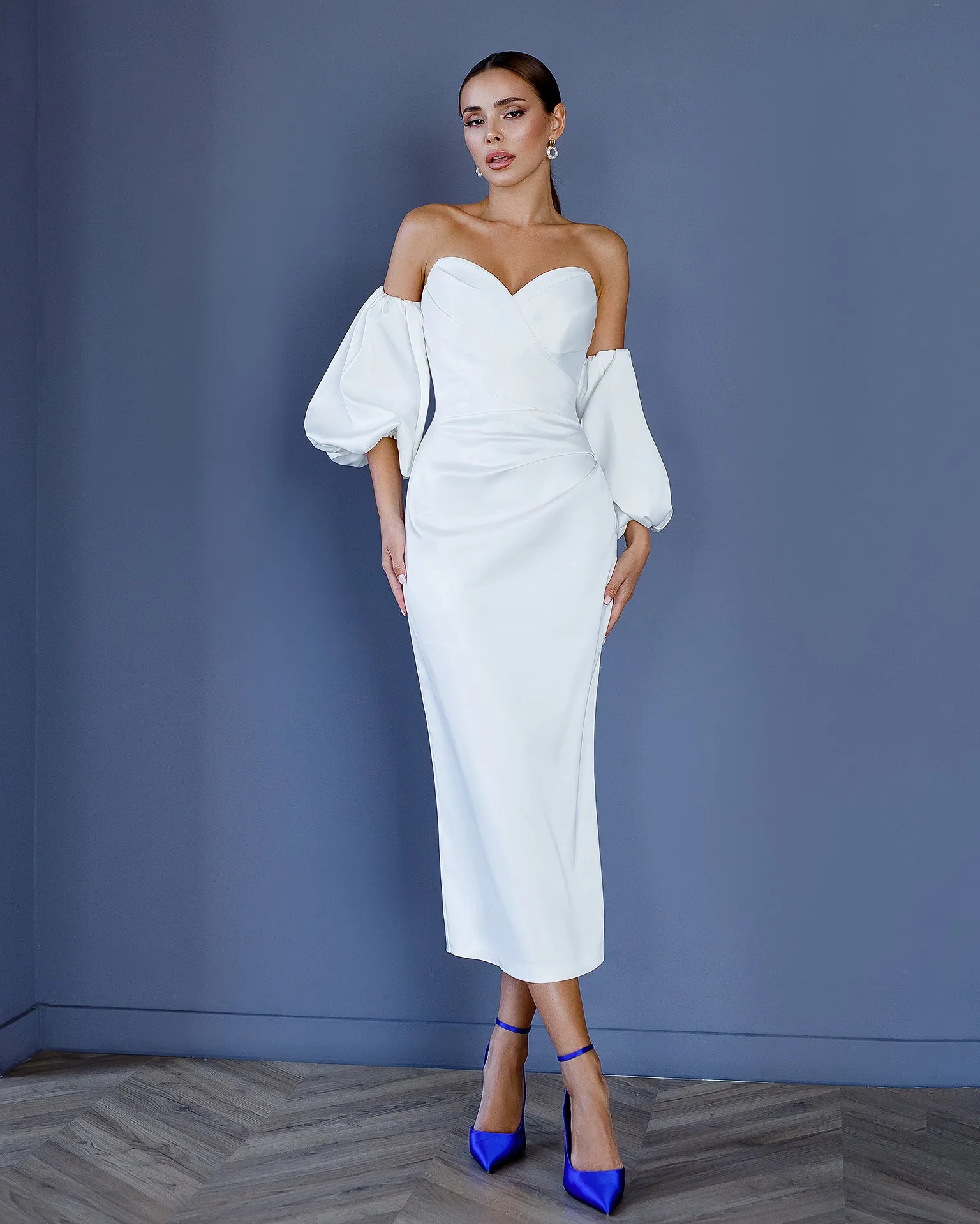 White Satin Sweetheart Puff-Sleeve Midi Dress