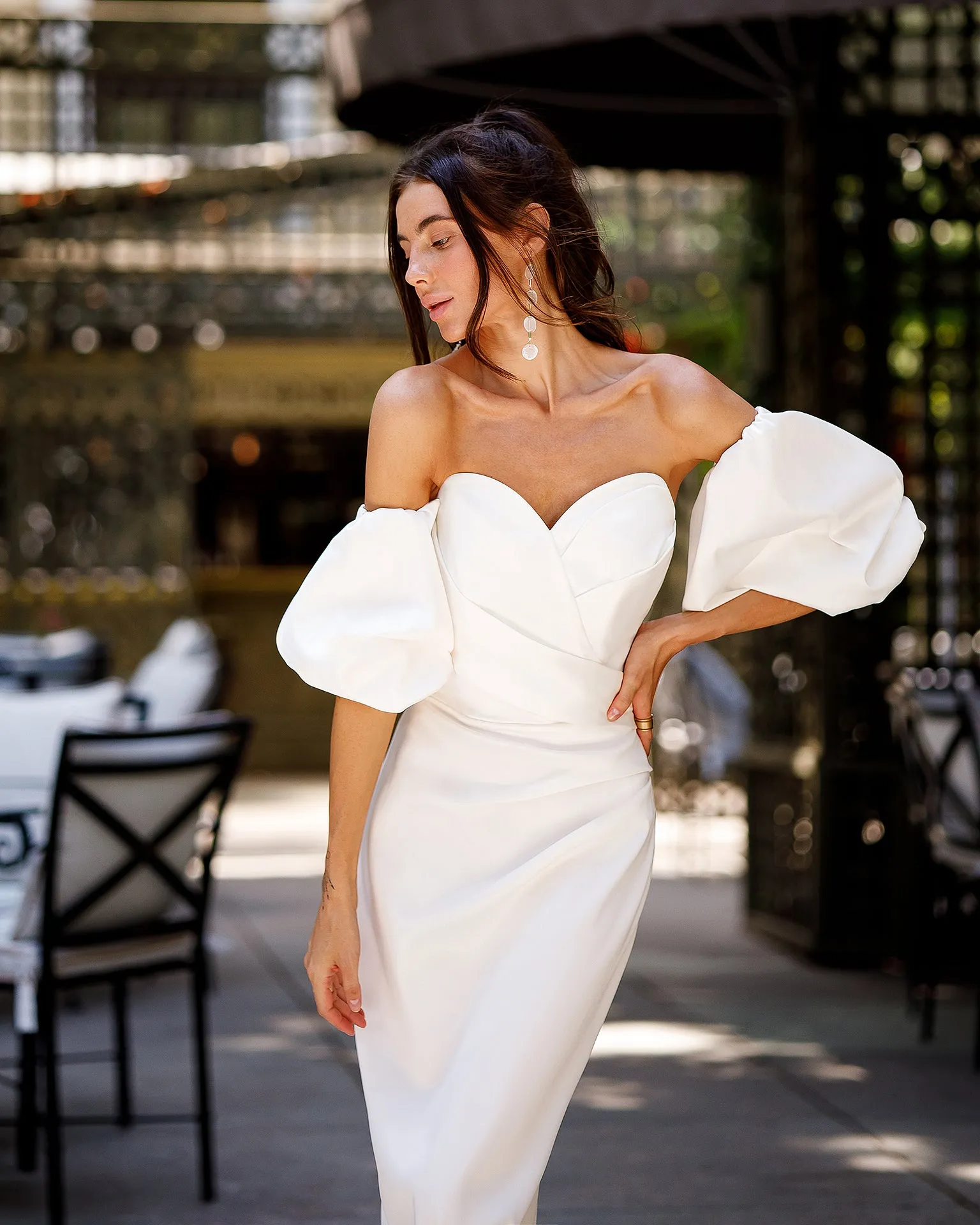 White Satin Sweetheart Puff-Sleeve Midi Dress