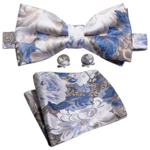 White, Tan & Blue Large Floral Print Matching Bowtie Set (3pc)