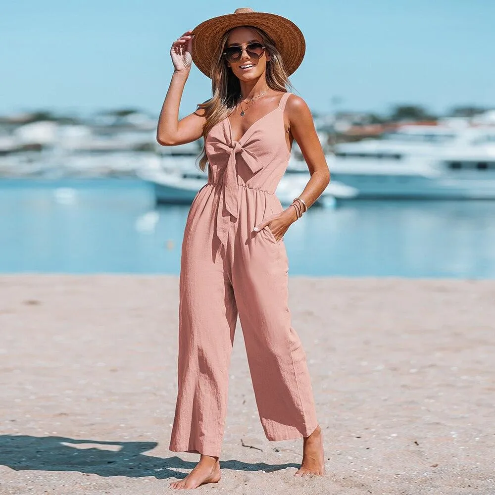 Wide Straps Bow Straight Leg Long V-Neck Jumpsuit