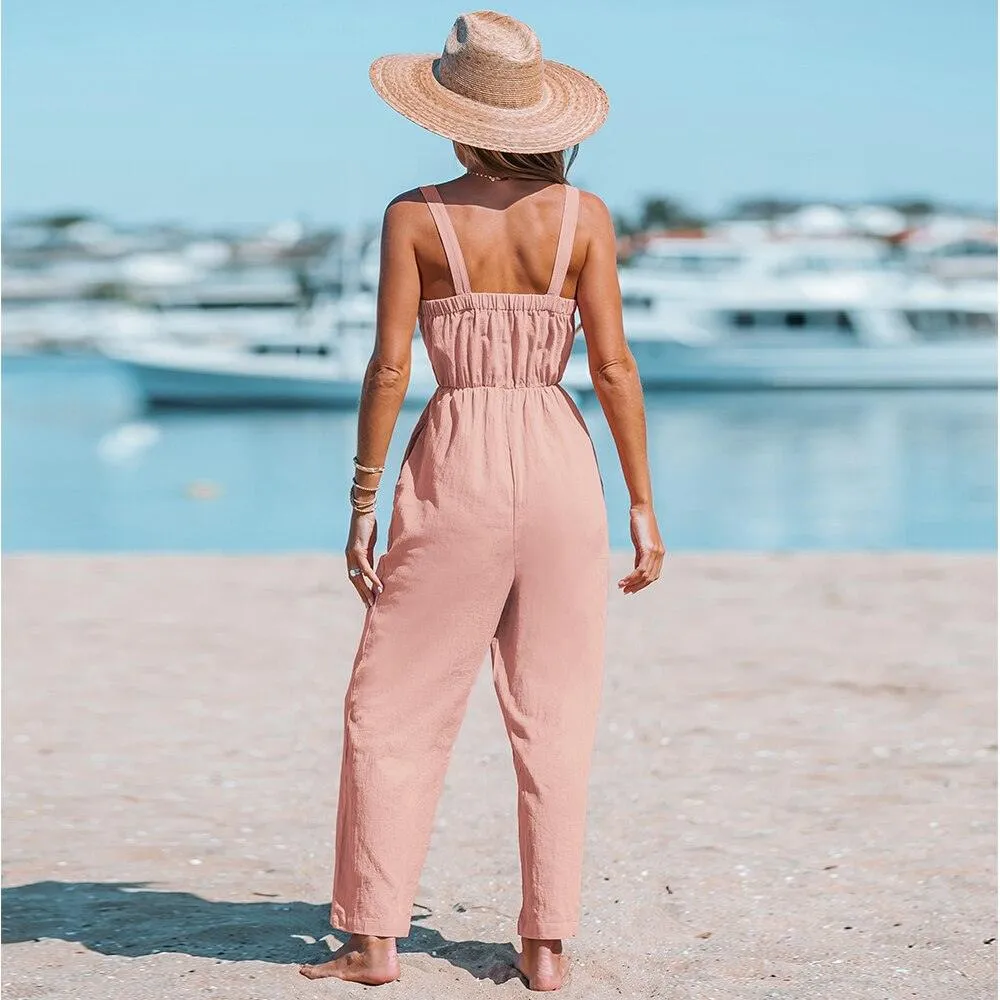 Wide Straps Bow Straight Leg Long V-Neck Jumpsuit