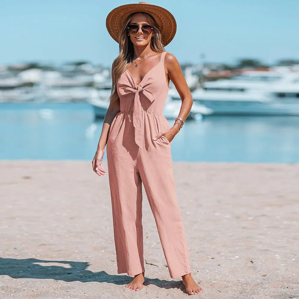 Wide Straps Bow Straight Leg Long V-Neck Jumpsuit