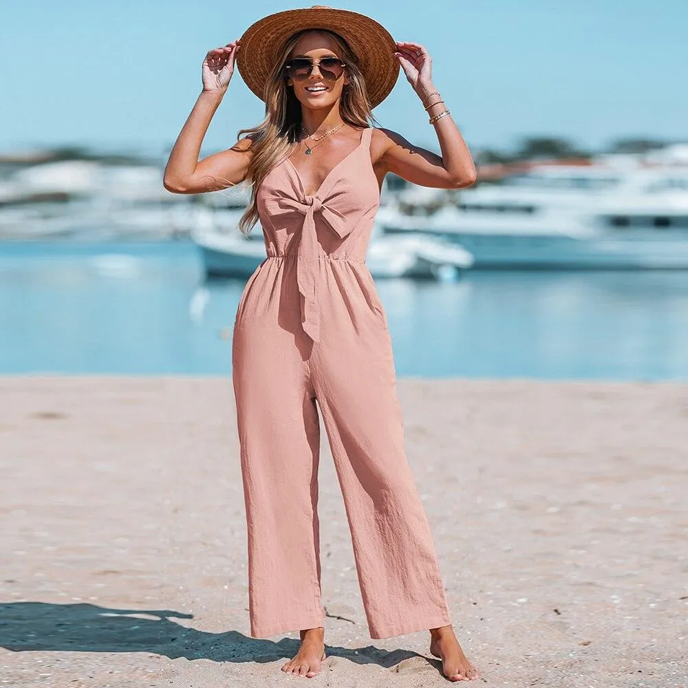 Wide Straps Bow Straight Leg Long V-Neck Jumpsuit
