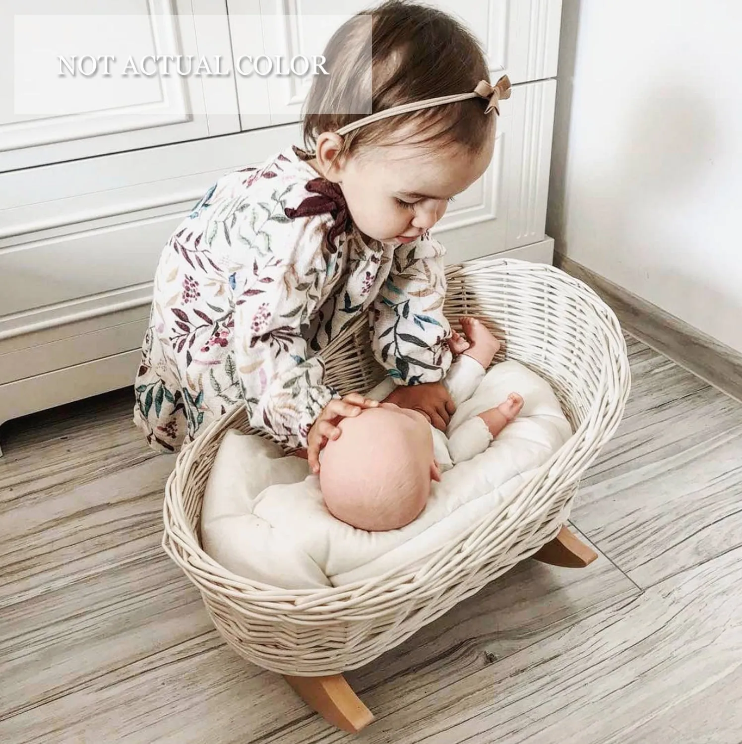 WIKLIBOX Wicker Doll Cradle - Pink Color w/Ecru Bow & Bedding - Baby Doll Bed