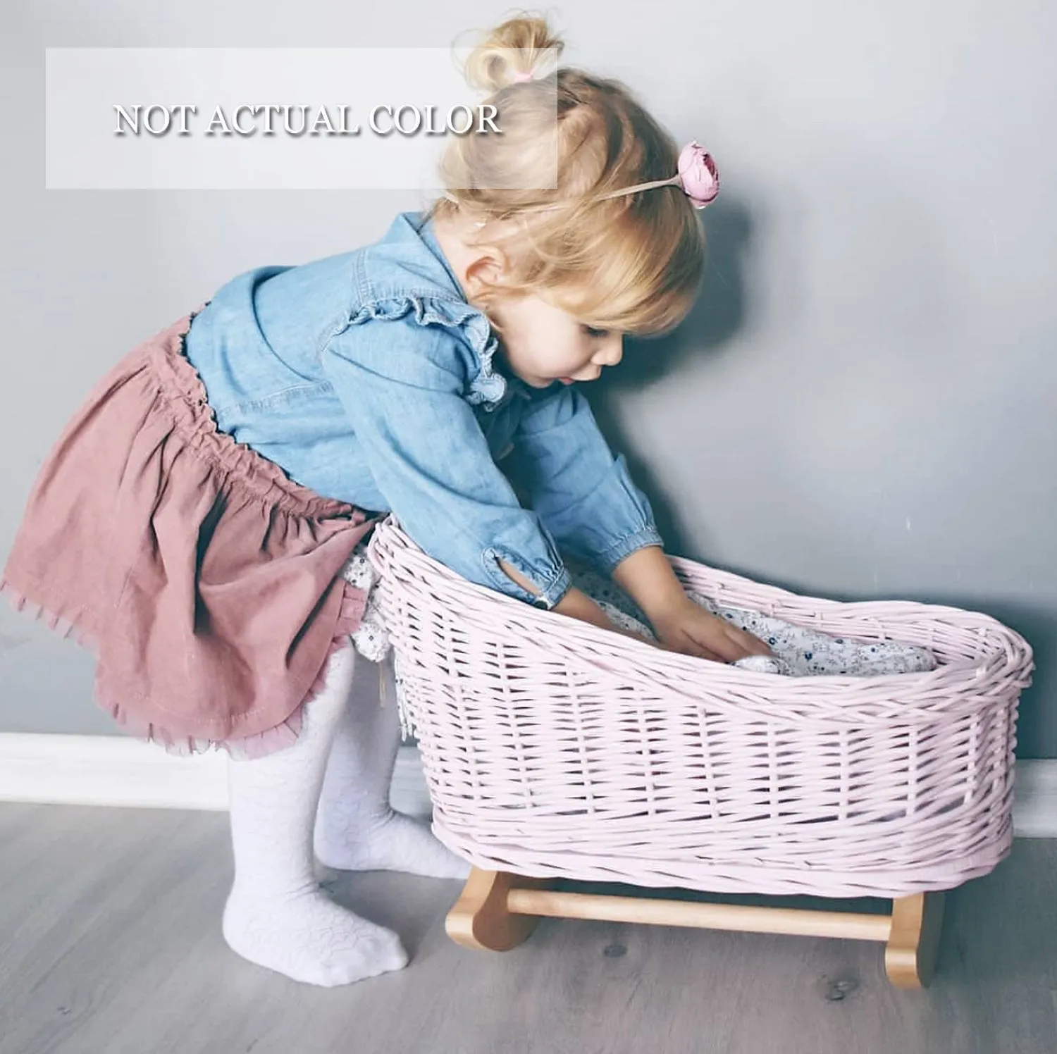 WIKLIBOX Wicker Doll Cradle - Pink Color w/Ecru Bow & Bedding - Baby Doll Bed