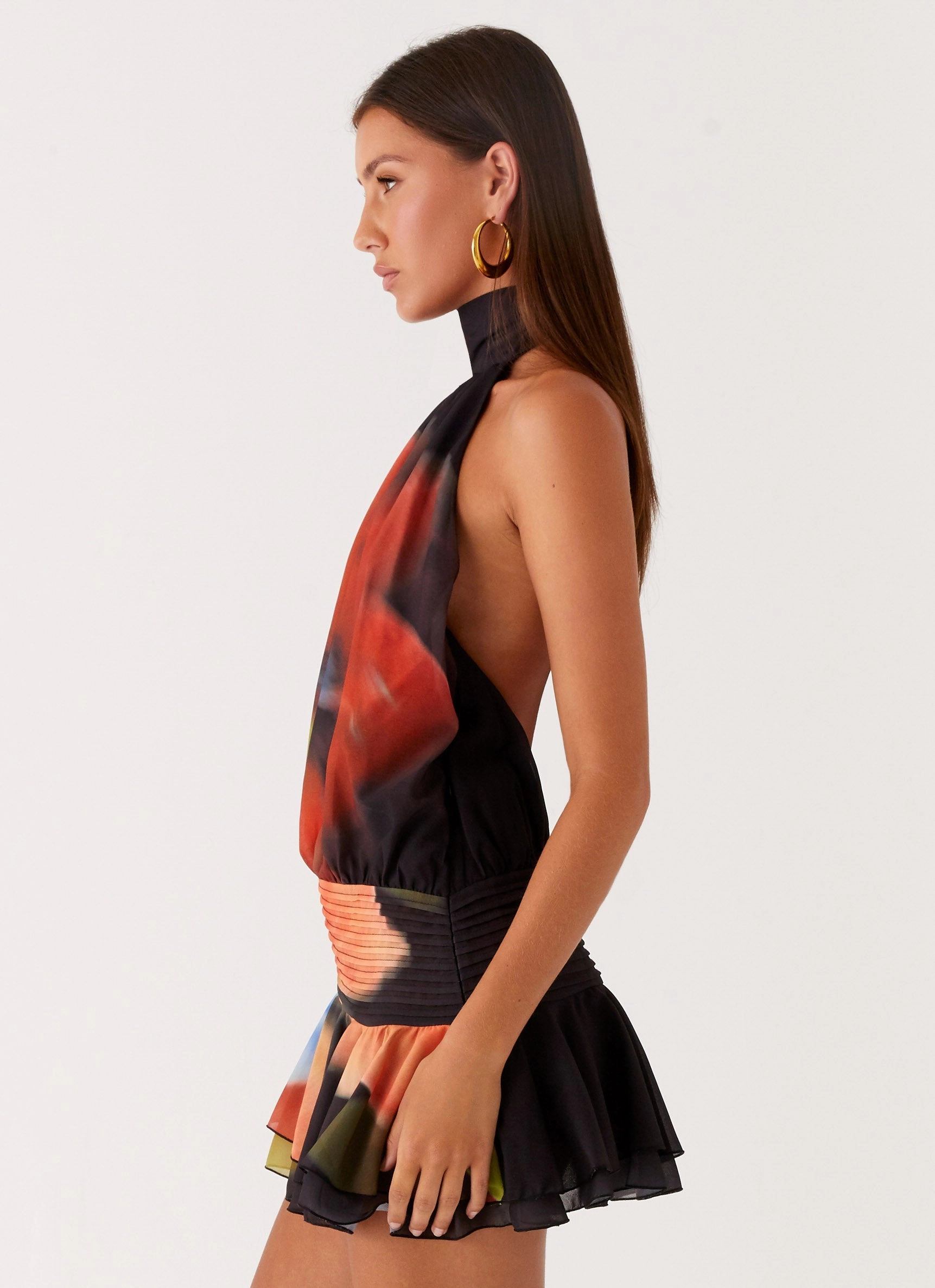 Daytime Look Comfort Waistline Willow Chiffon Mini Dress - Moody Floral Shirred Panels