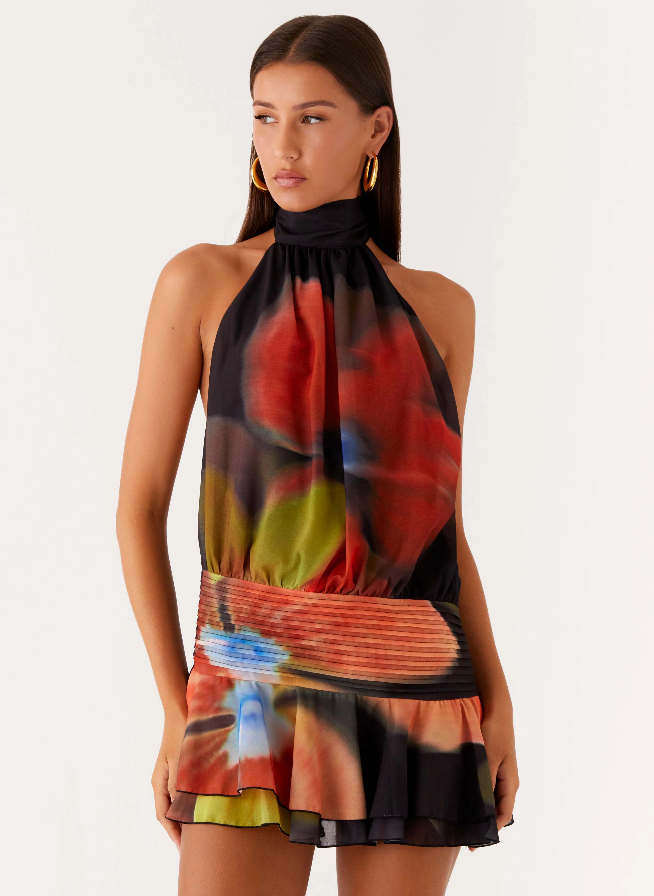 Willow Chiffon Mini Dress - Moody Floral Shirred Panels Global Inspiration