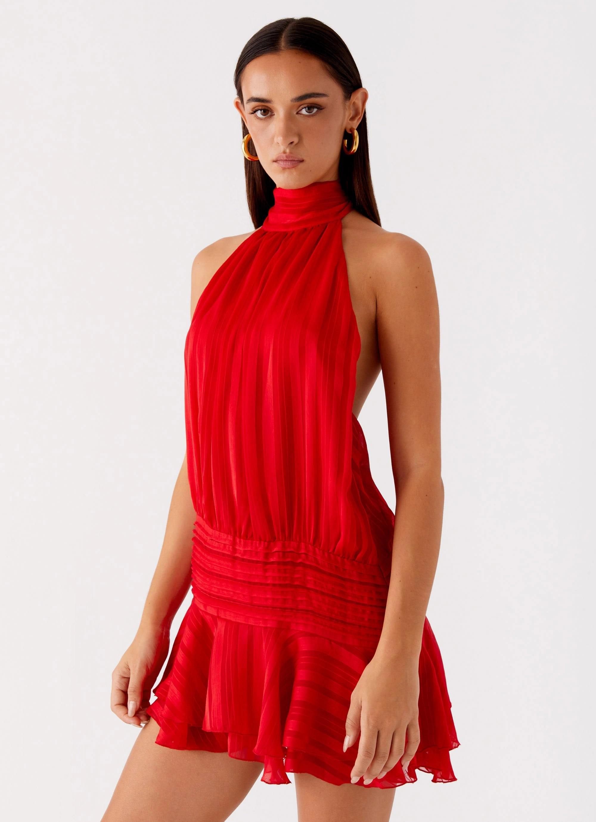 Willow Chiffon Mini Dress - Red Cozy Classic Satin feel Laid Back Look