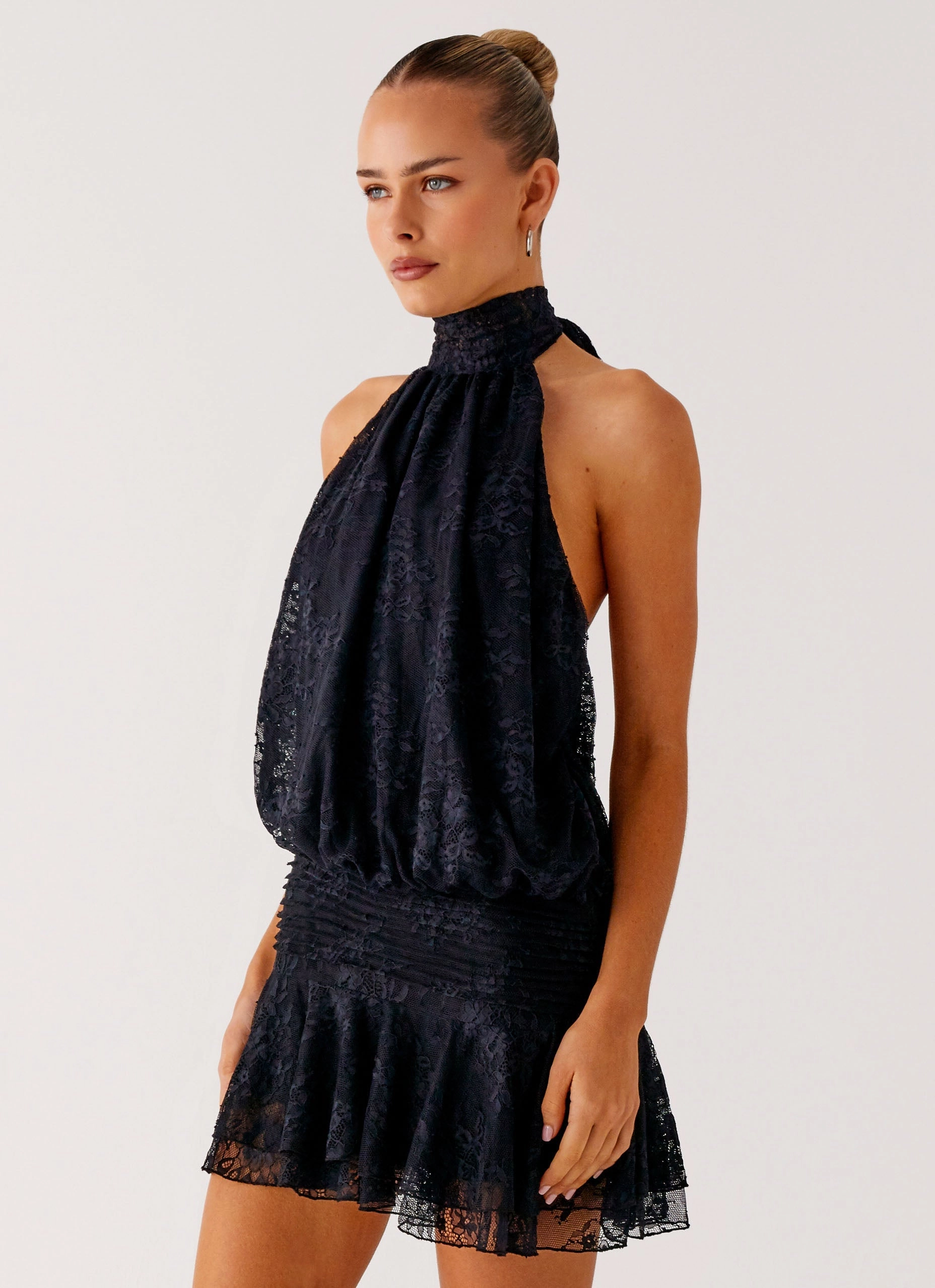 Willow Lace Mini Dress - Black Lace Faded Finish Button Details Daily Essential