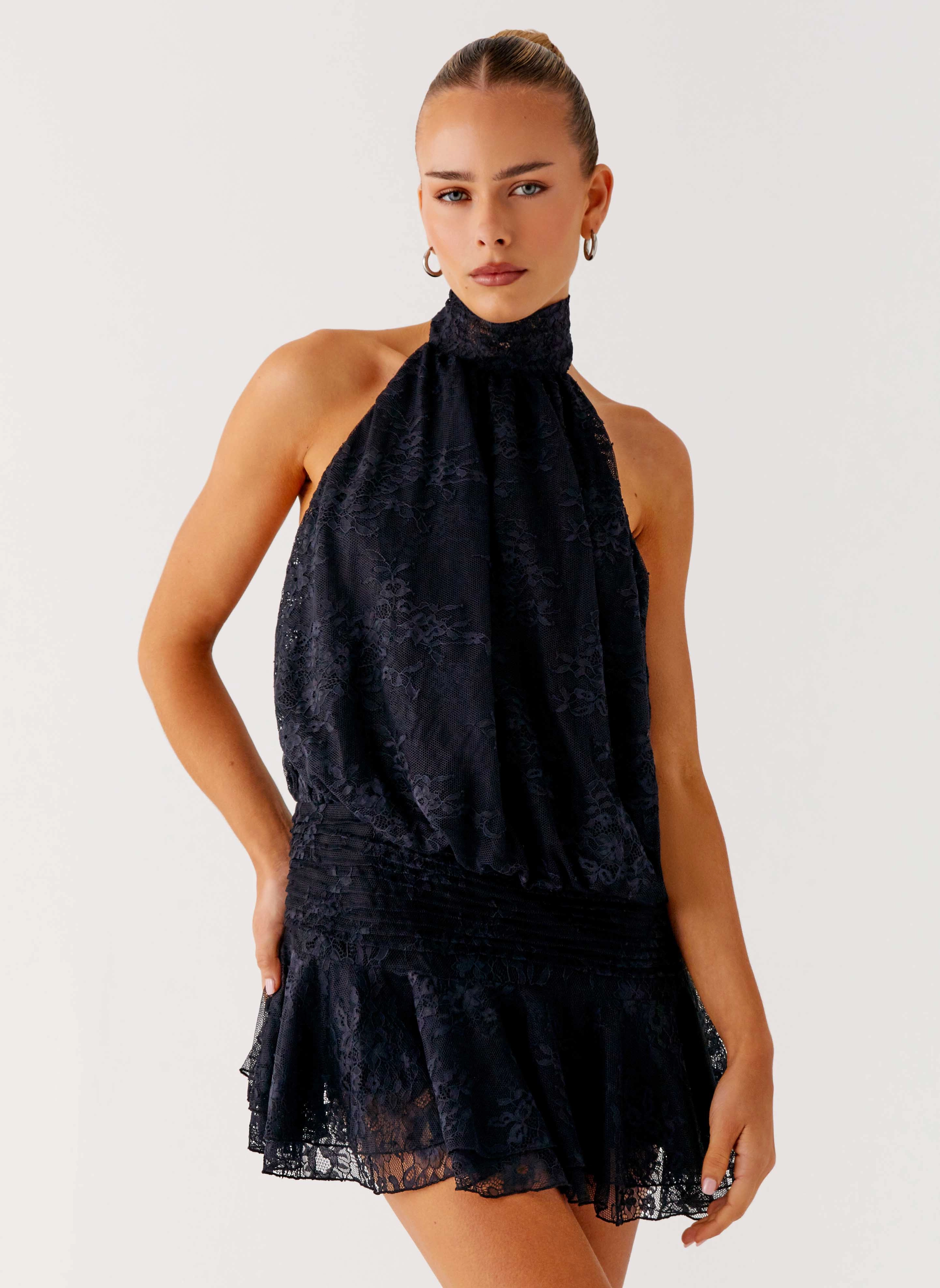 Willow Lace Mini Dress - Black Lace Faded Finish Knitted Fabric