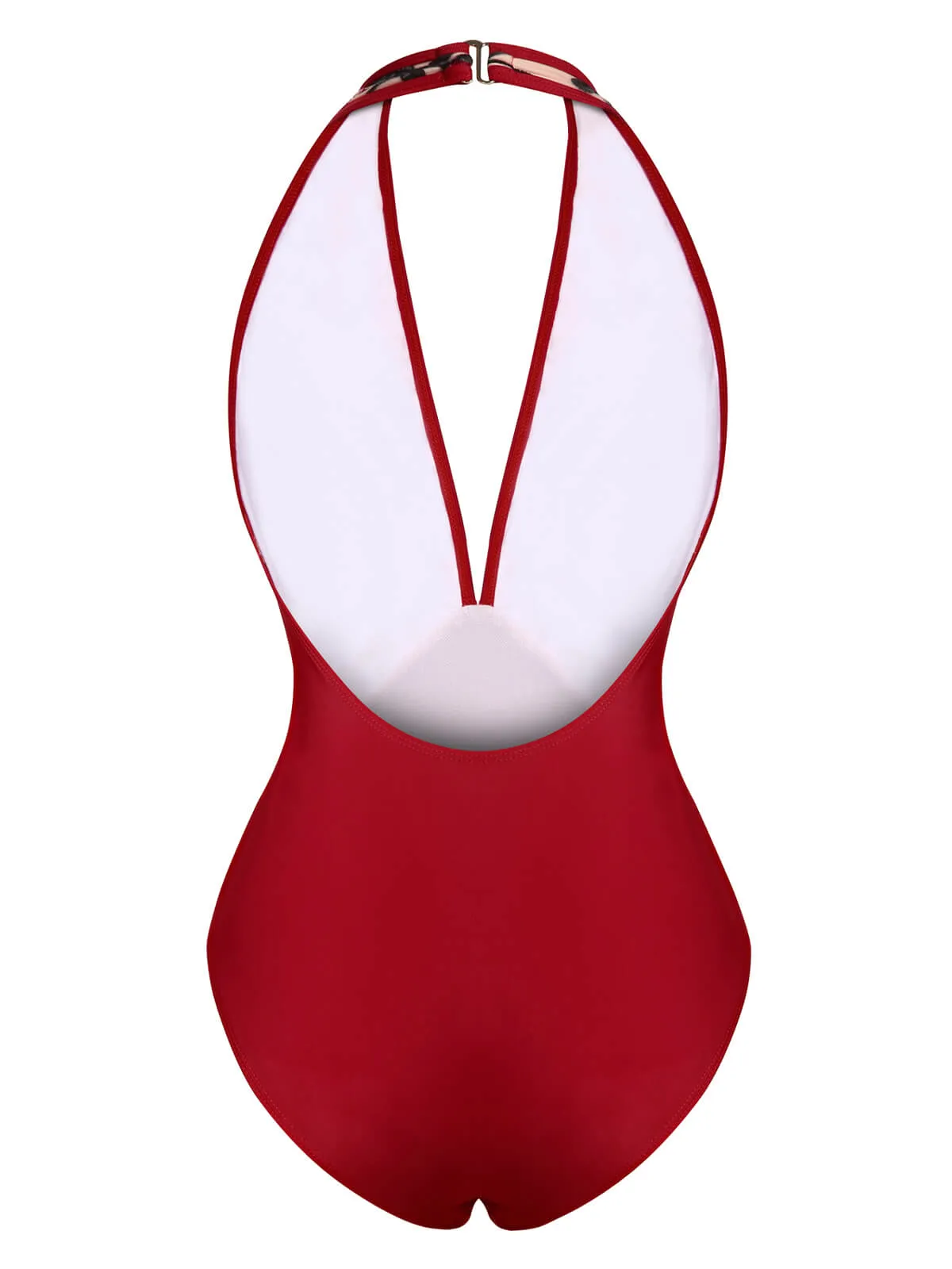Wine Red 1950s Floral Backless Swimsuit