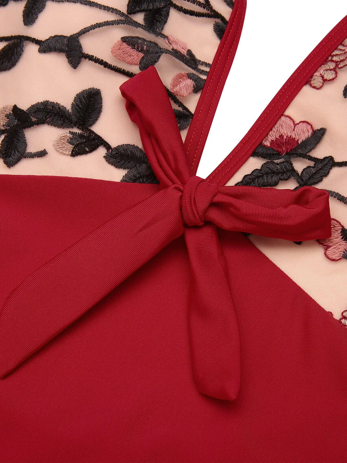 Wine Red 1950s Floral Backless Swimsuit