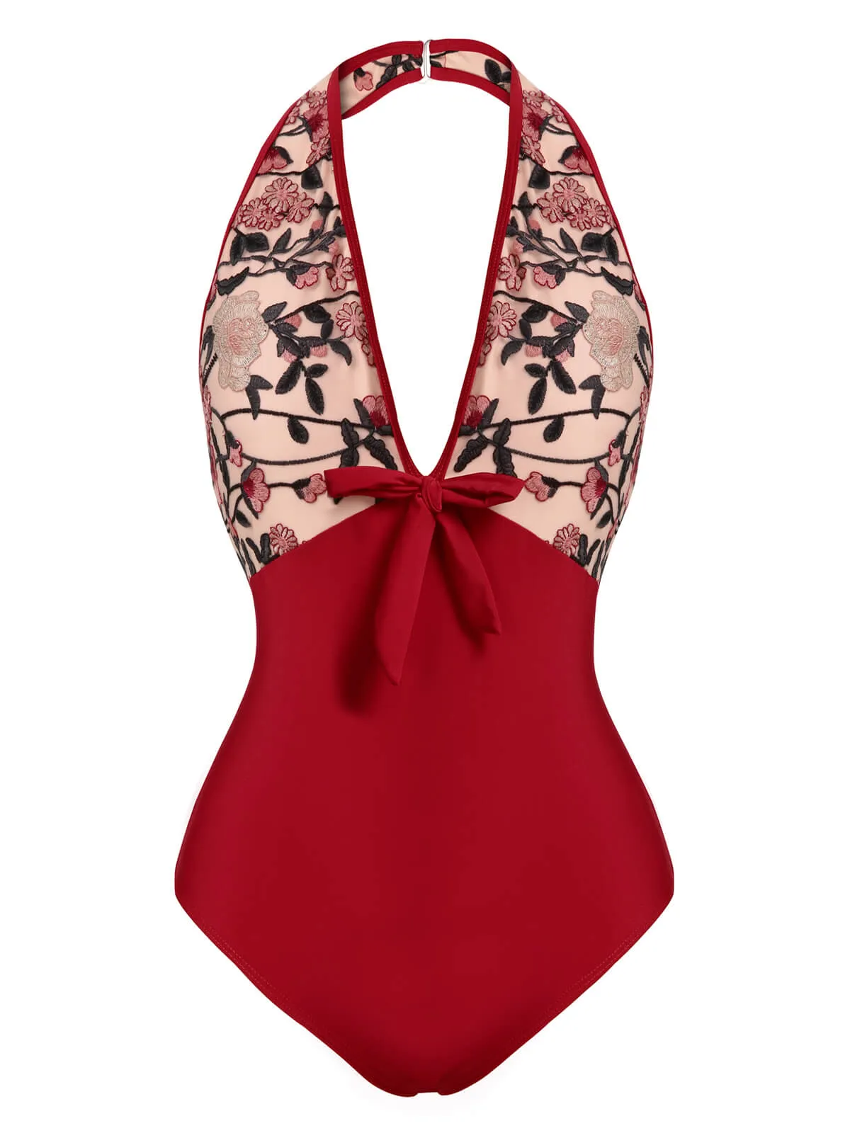 Wine Red 1950s Floral Backless Swimsuit