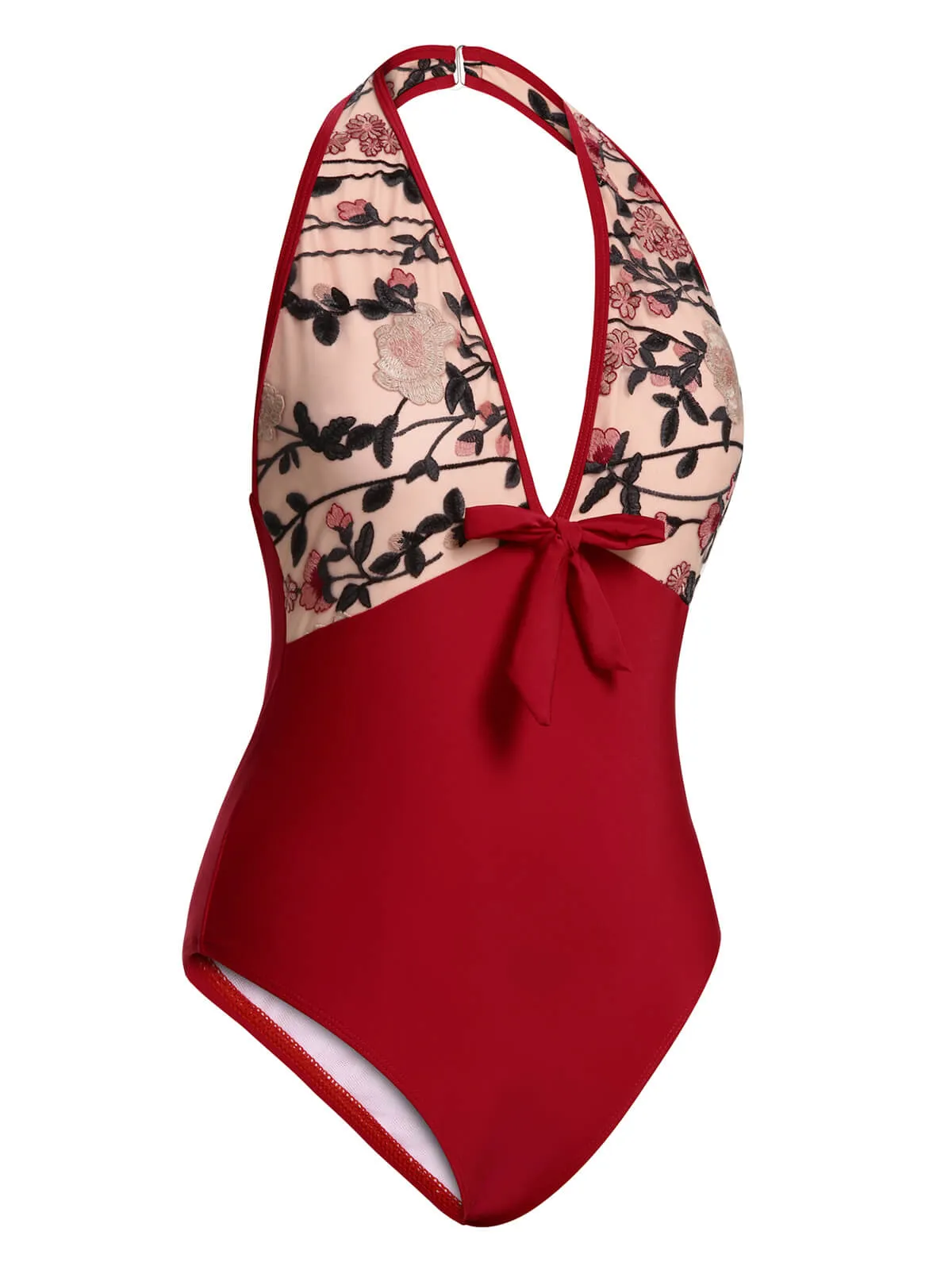 Wine Red 1950s Floral Backless Swimsuit