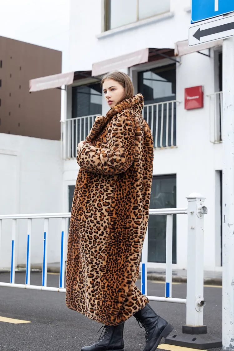 Winter Women's Faux Fur Leopard Print Rabbit Tailored Collar Warm Thick X-Long Coat Long Sleeve Hipster Jacket