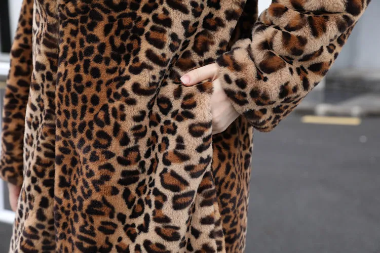 Winter Women's Faux Fur Leopard Print Rabbit Tailored Collar Warm Thick X-Long Coat Long Sleeve Hipster Jacket