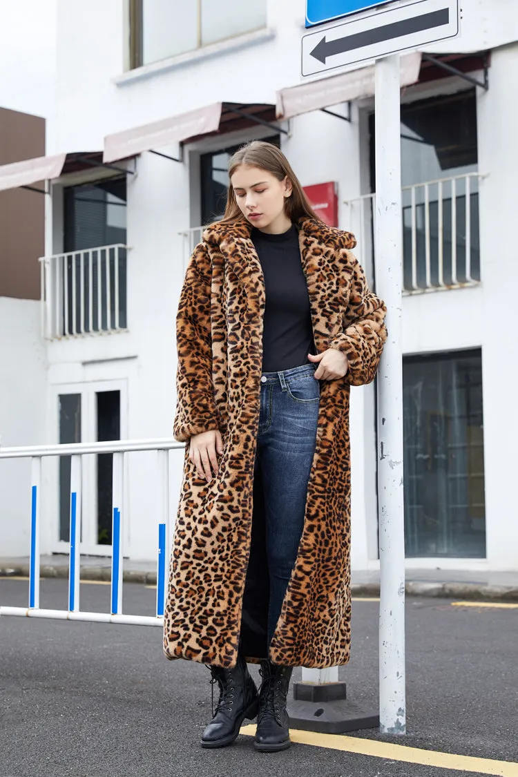 Winter Women's Faux Fur Leopard Print Rabbit Tailored Collar Warm Thick X-Long Coat Long Sleeve Hipster Jacket