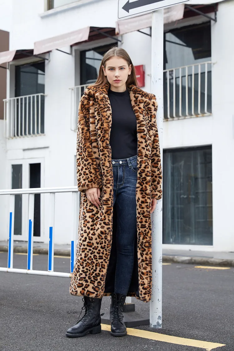 Winter Women's Faux Fur Leopard Print Rabbit Tailored Collar Warm Thick X-Long Coat Long Sleeve Hipster Jacket