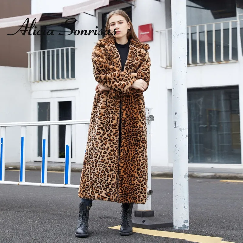 Winter Women's Faux Fur Leopard Print Rabbit Tailored Collar Warm Thick X-Long Coat Long Sleeve Hipster Jacket