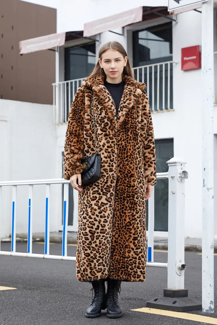 Winter Women's Faux Fur Leopard Print Rabbit Tailored Collar Warm Thick X-Long Coat Long Sleeve Hipster Jacket
