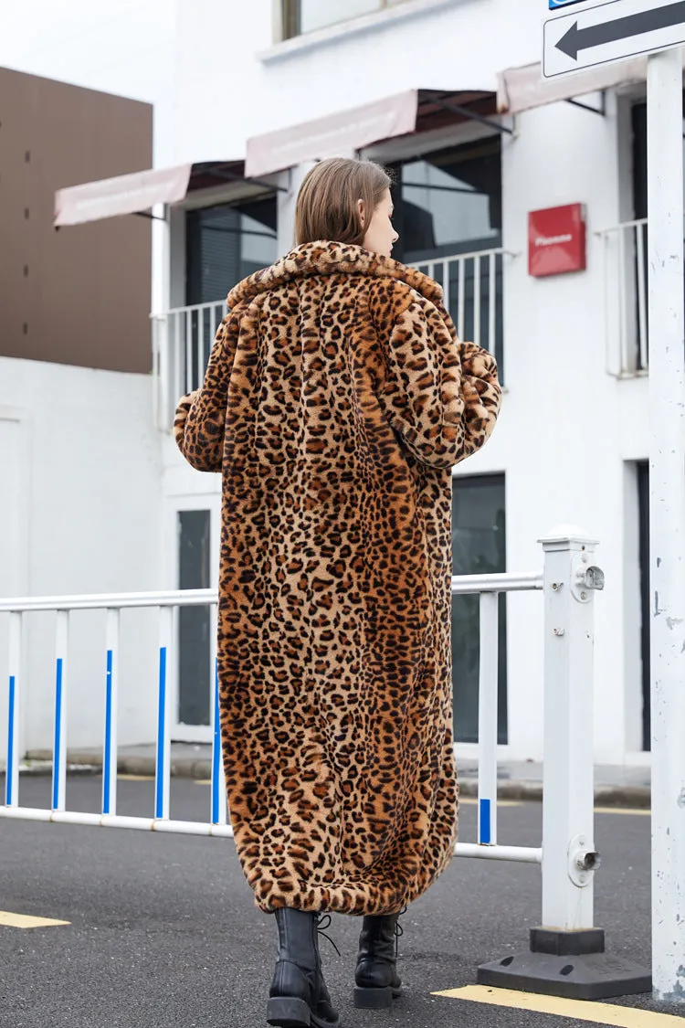 Winter Women's Faux Fur Leopard Print Rabbit Tailored Collar Warm Thick X-Long Coat Long Sleeve Hipster Jacket