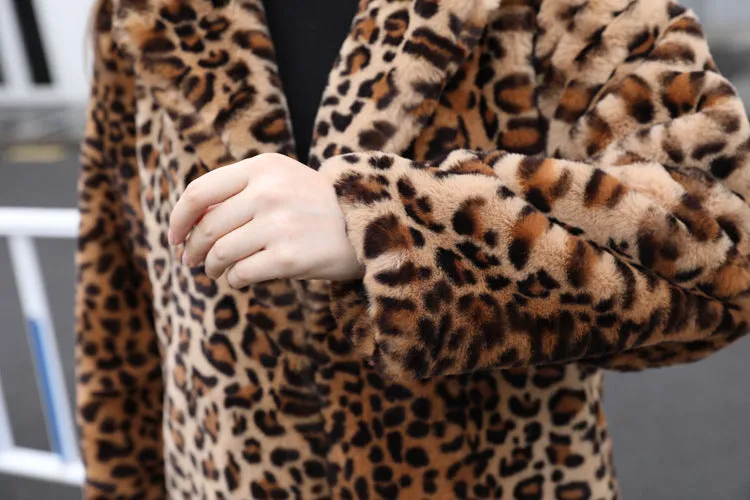 Winter Women's Faux Fur Leopard Print Rabbit Tailored Collar Warm Thick X-Long Coat Long Sleeve Hipster Jacket