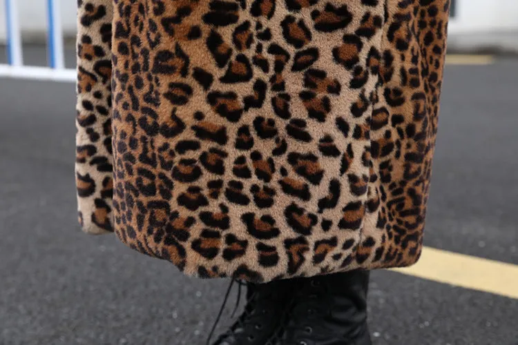 Winter Women's Faux Fur Leopard Print Rabbit Tailored Collar Warm Thick X-Long Coat Long Sleeve Hipster Jacket