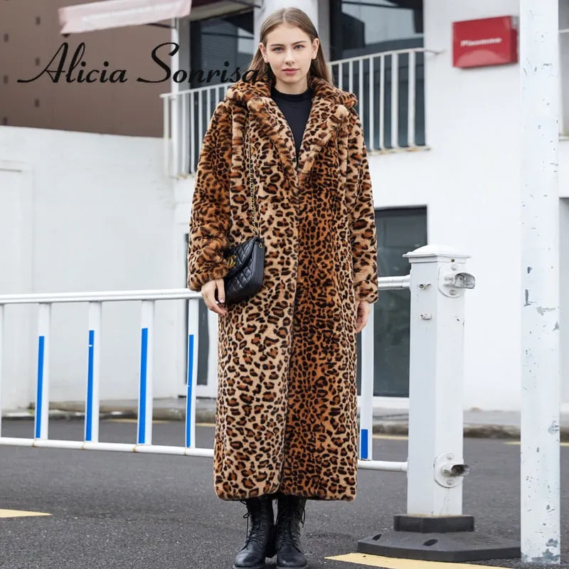 Winter Women's Faux Fur Leopard Print Rabbit Tailored Collar Warm Thick X-Long Coat Long Sleeve Hipster Jacket