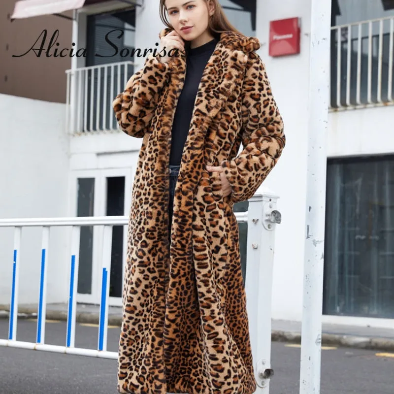 Winter Women's Faux Fur Leopard Print Rabbit Tailored Collar Warm Thick X-Long Coat Long Sleeve Hipster Jacket