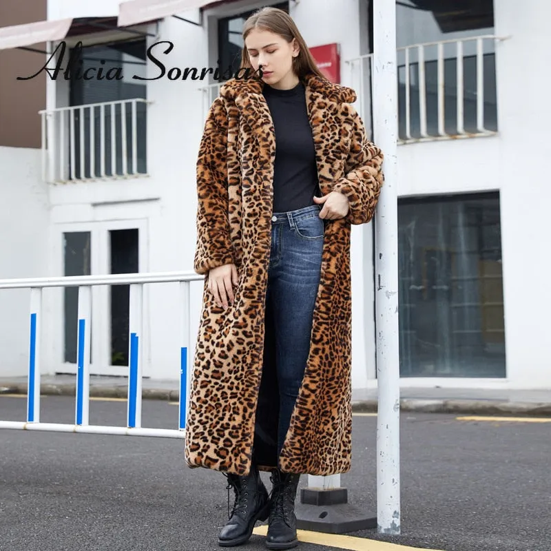 Winter Women's Faux Fur Leopard Print Rabbit Tailored Collar Warm Thick X-Long Coat Long Sleeve Hipster Jacket