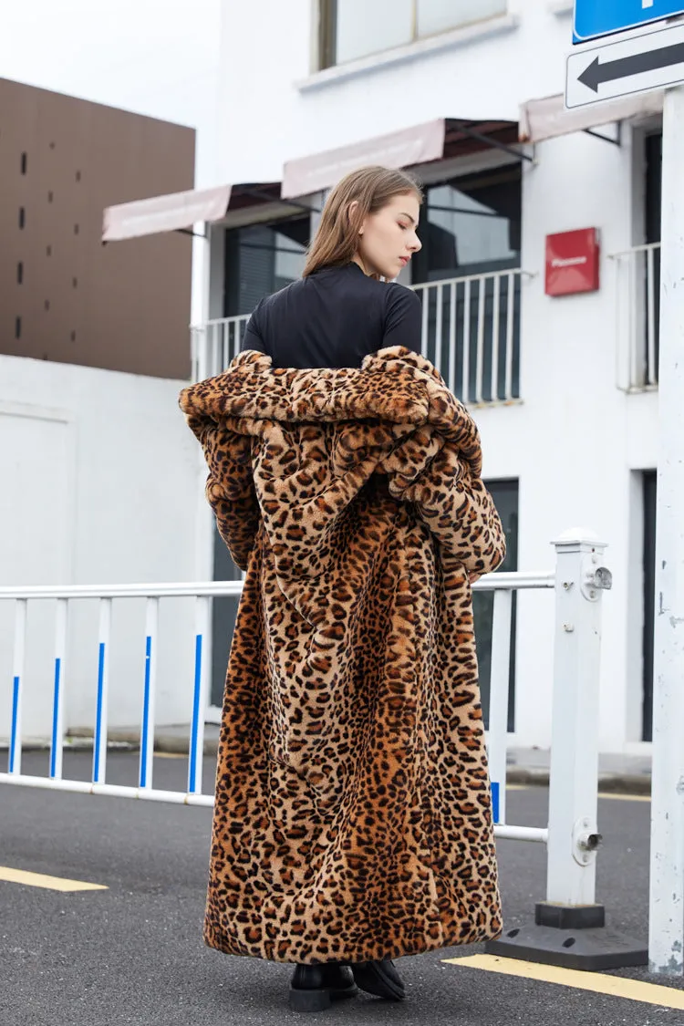 Winter Women's Faux Fur Leopard Print Rabbit Tailored Collar Warm Thick X-Long Coat Long Sleeve Hipster Jacket