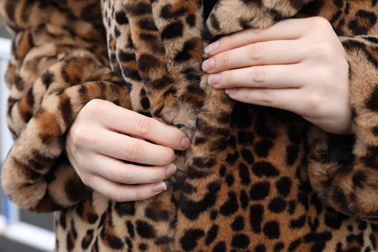 Winter Women's Faux Fur Leopard Print Rabbit Tailored Collar Warm Thick X-Long Coat Long Sleeve Hipster Jacket